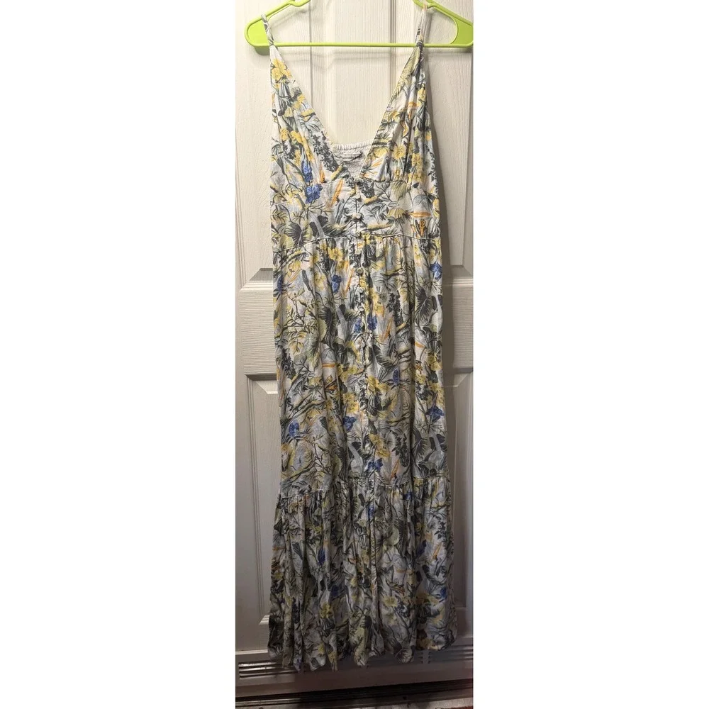Abercrombie & Fitch Tropical Floral Button Front Smocked Maxi Dress Yellow Blue